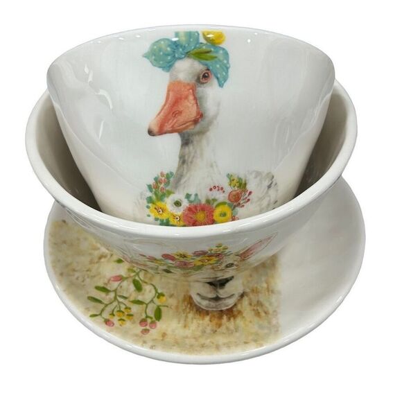 Grace Fine Ceramic Home Easter Animal & Flower Print Plate & Bowl 4Pc Set OS - Picture 4 of 11